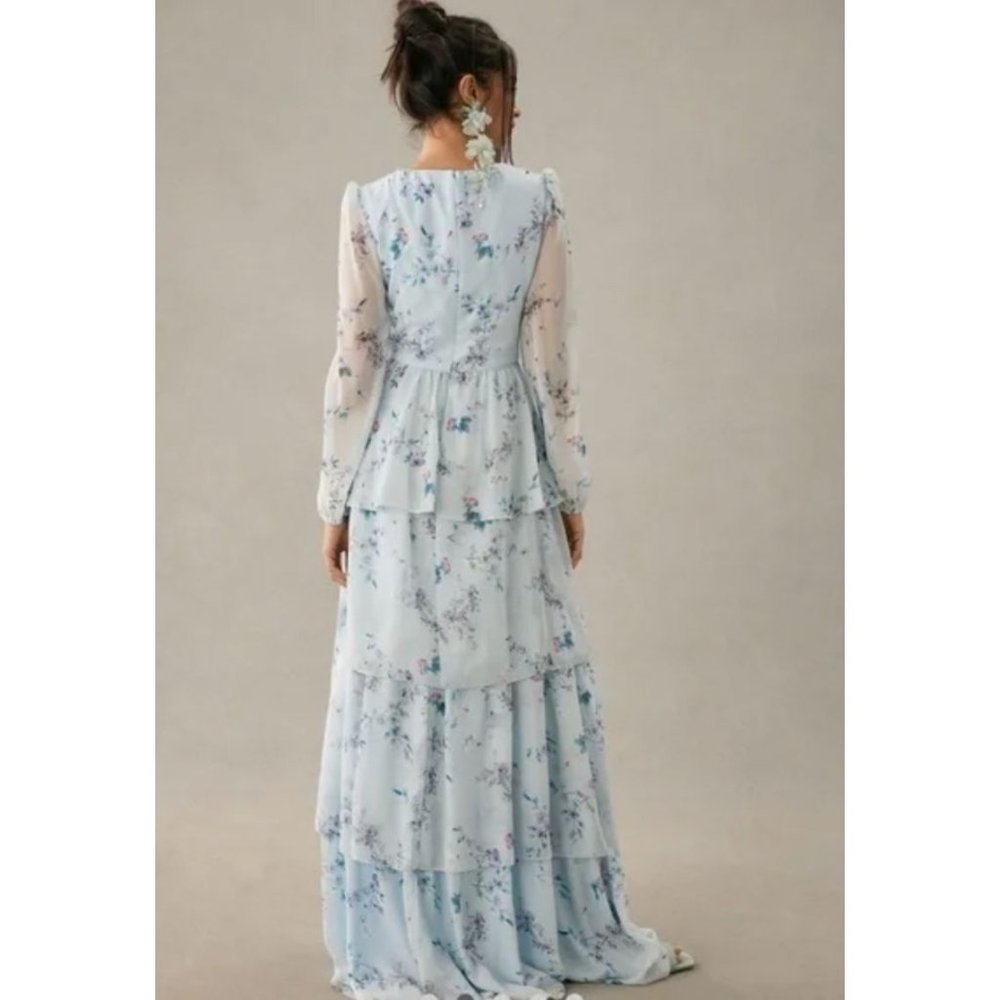 Anthropologie Mac Duggal Ruffled Floral Print Illusion Long Sleeve Gown Dress 14 - Picture 3 of 9